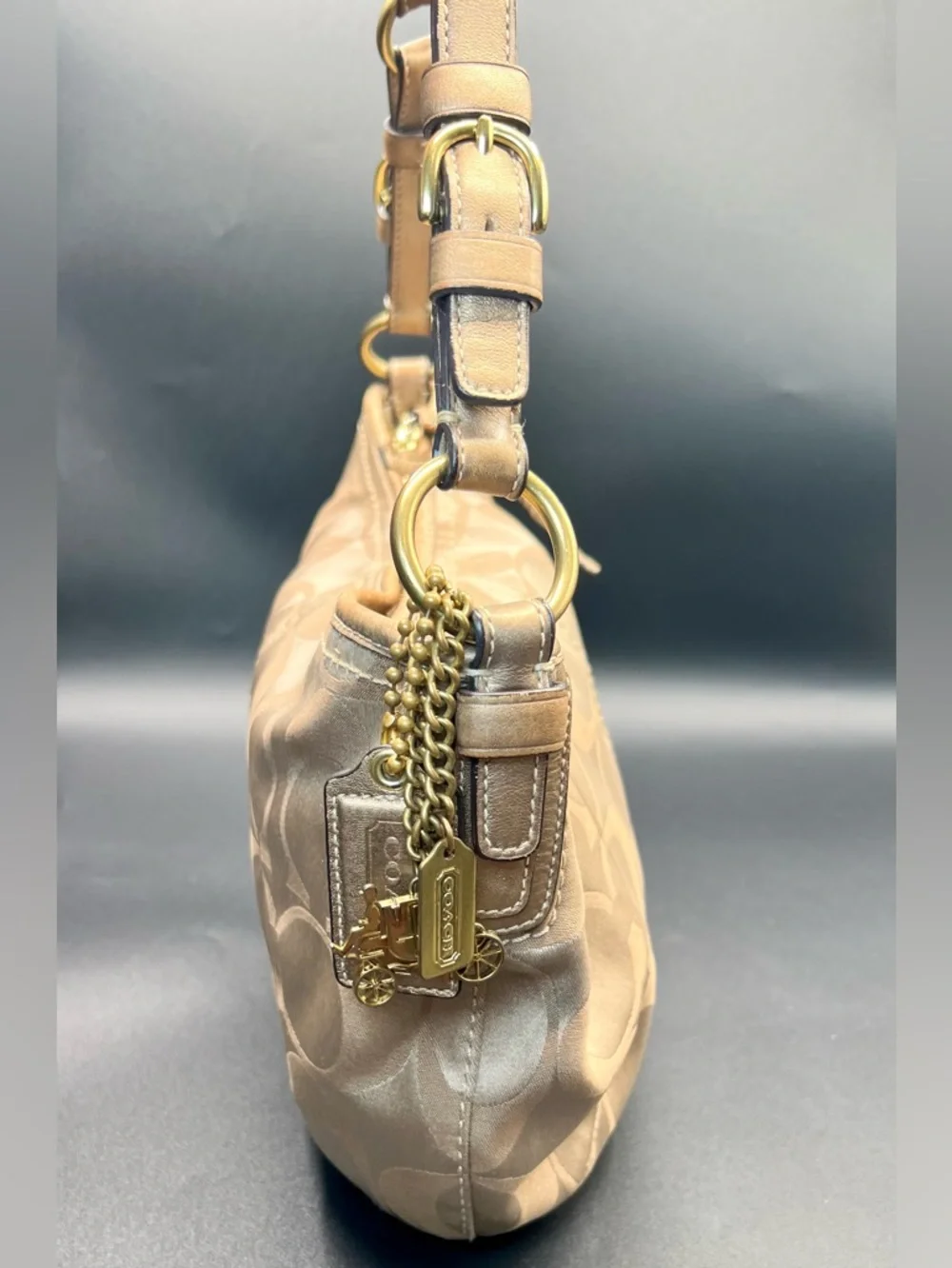 COACH Signature Tan Sateen Hobo Shoulder Bag with Metal Hang Tag